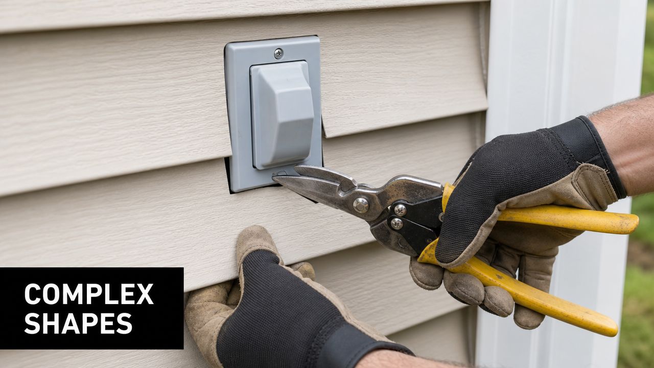 A close-up view of a person wearing work gloves using metal snips to cut vinyl siding around an outlet.