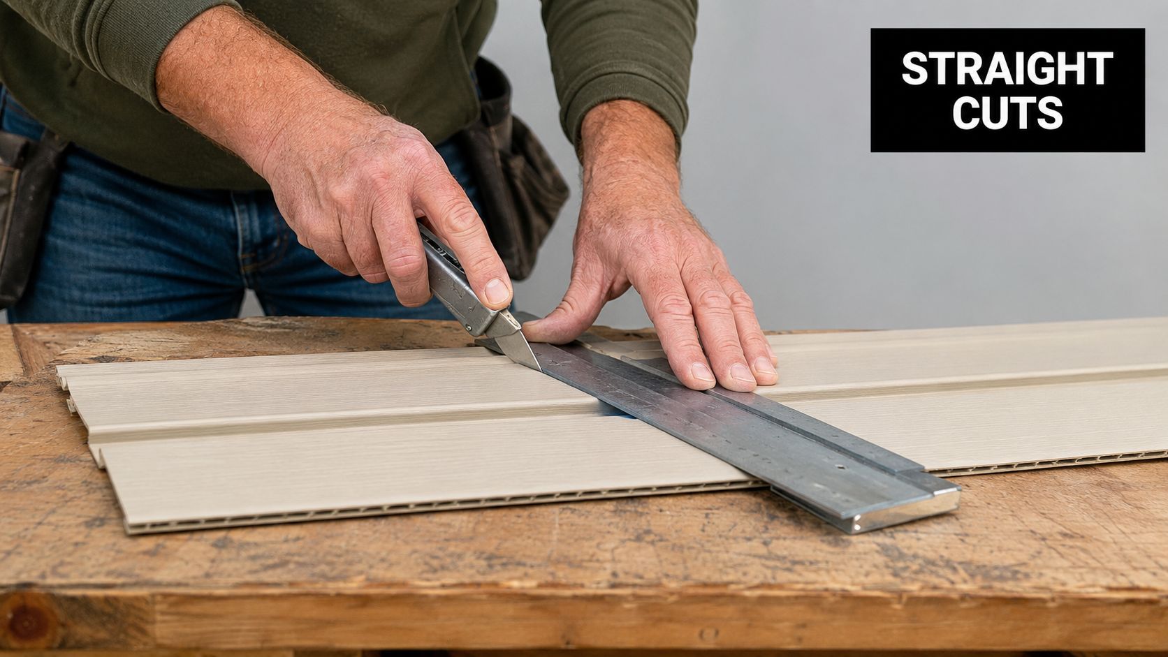 A person uses a utility knife and a metal straight edge to make a precise cut on vinyl siding.