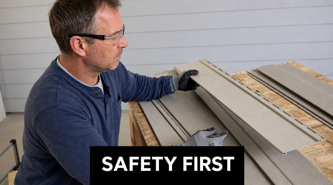 A professional construction worker wearing safety glasses and gloves handling vinyl siding pieces on a wooden table.