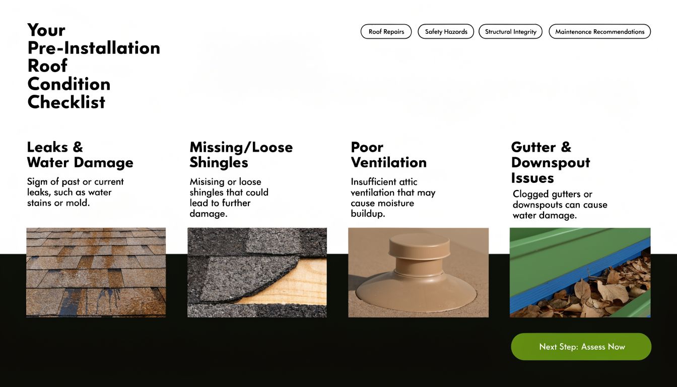 A pre-installation roof condition checklist infographic outlining common issues like leaks, missing shingles, ventilation, and clogged gutters.