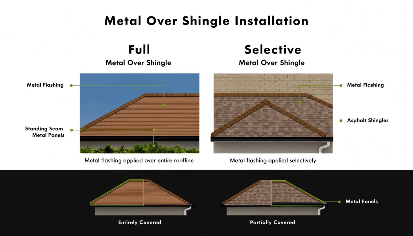 A comparison diagram showing full versus selective metal roofing installation methods over existing asphalt shingles.