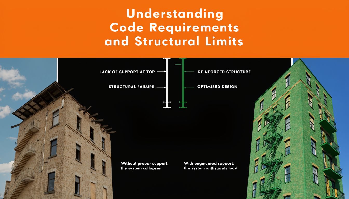 A comparative infographic showing the structural necessity of engineered support in building design against code requirements.