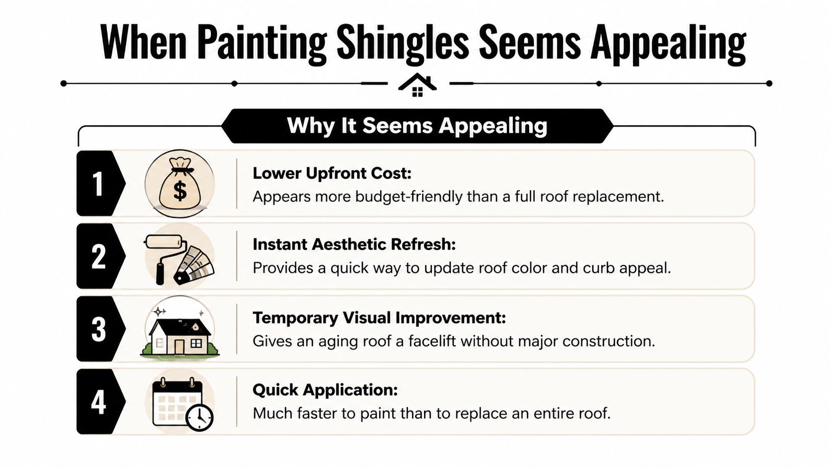 An infographic titled When Painting Shingles Seems Appealing listing four reasons why painting a roof might be considered.