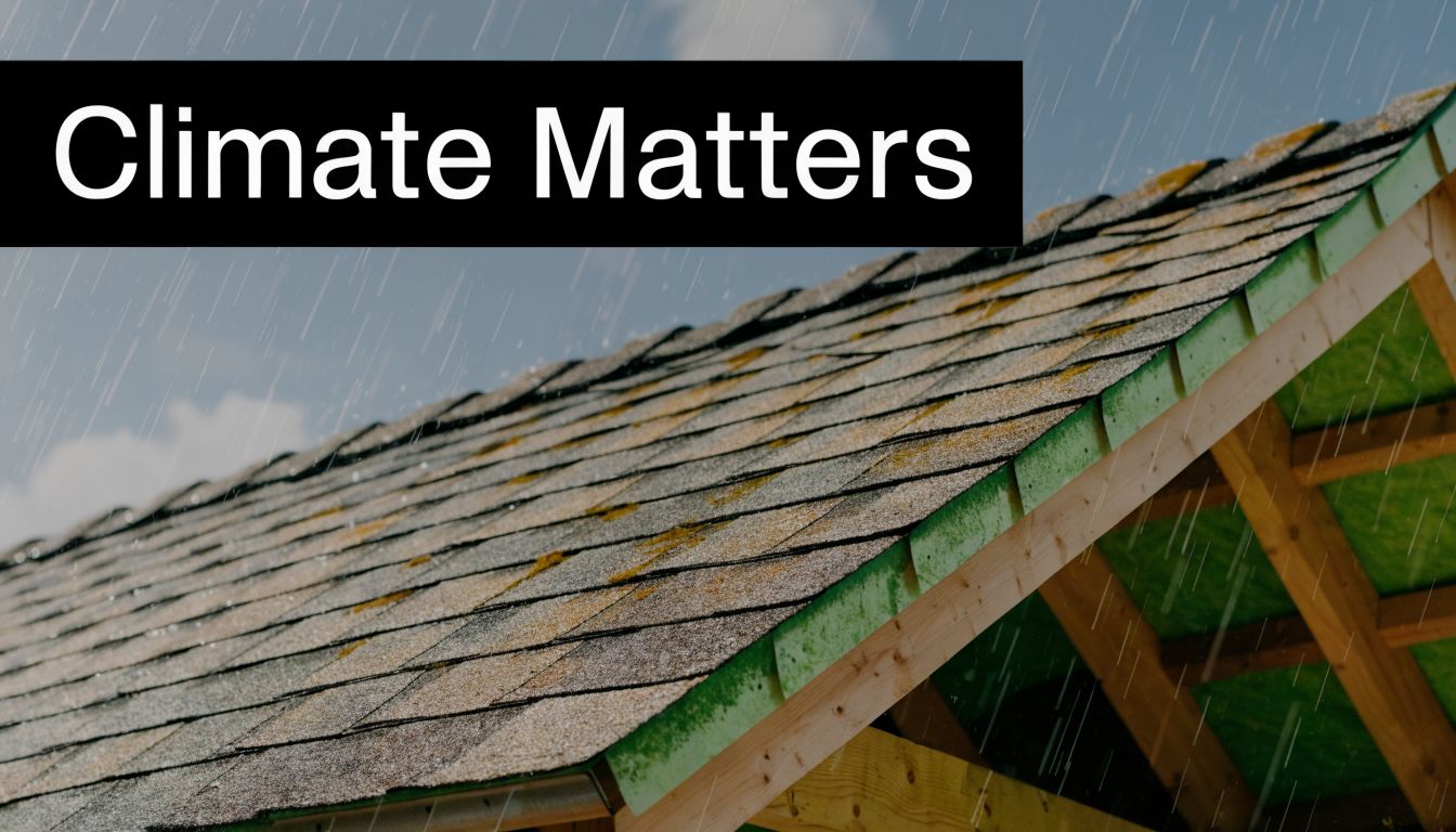 Rain falling on the roof of a house under construction with asphalt shingles clearly visible.