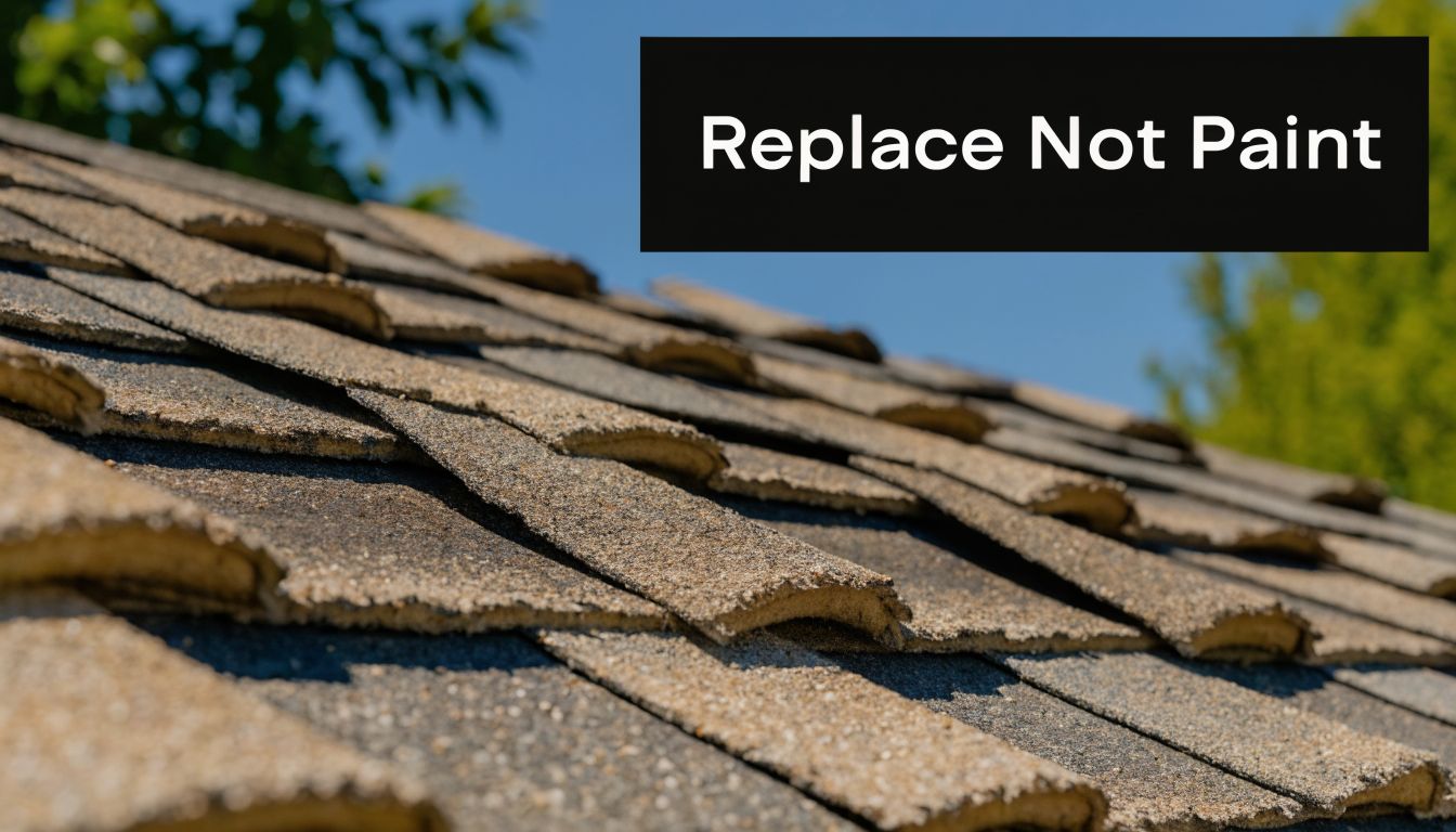 Close-up view of weathered asphalt roof shingles under a bright blue sky, emphasizing texture and wear.