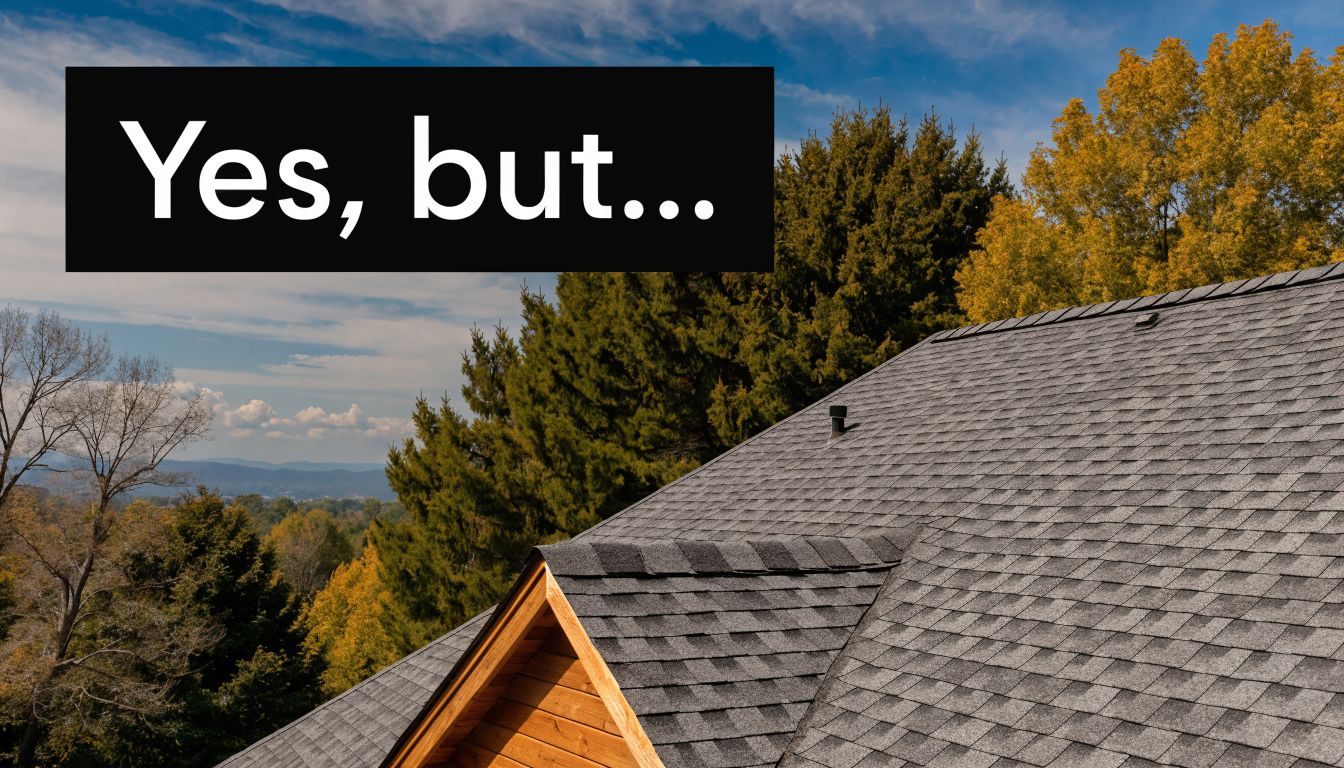 A close-up view of a grey asphalt shingle roof surrounded by green and autumn trees.