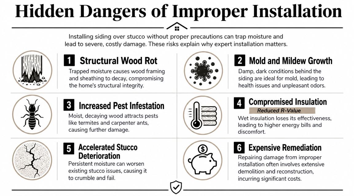 An infographic detailing six hidden dangers of installing siding over stucco, including wood rot and mold.