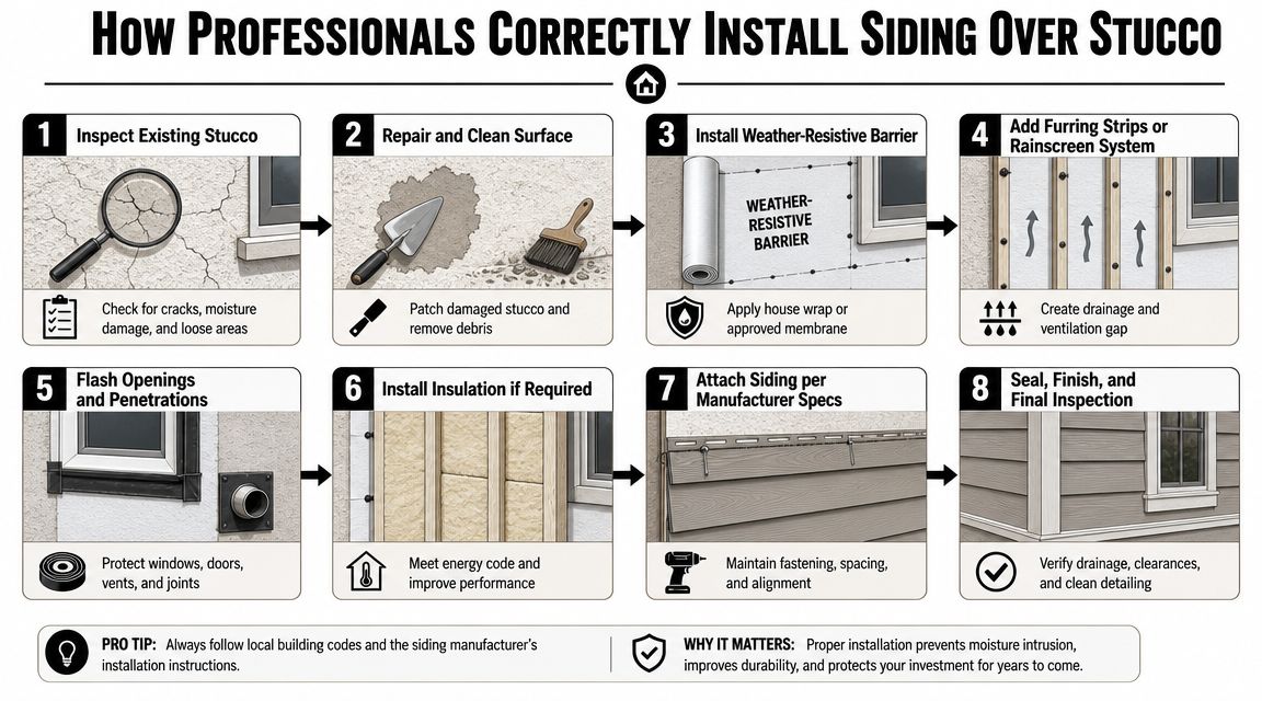 An infographic showing the eight-step professional process for properly installing new siding over existing stucco walls.