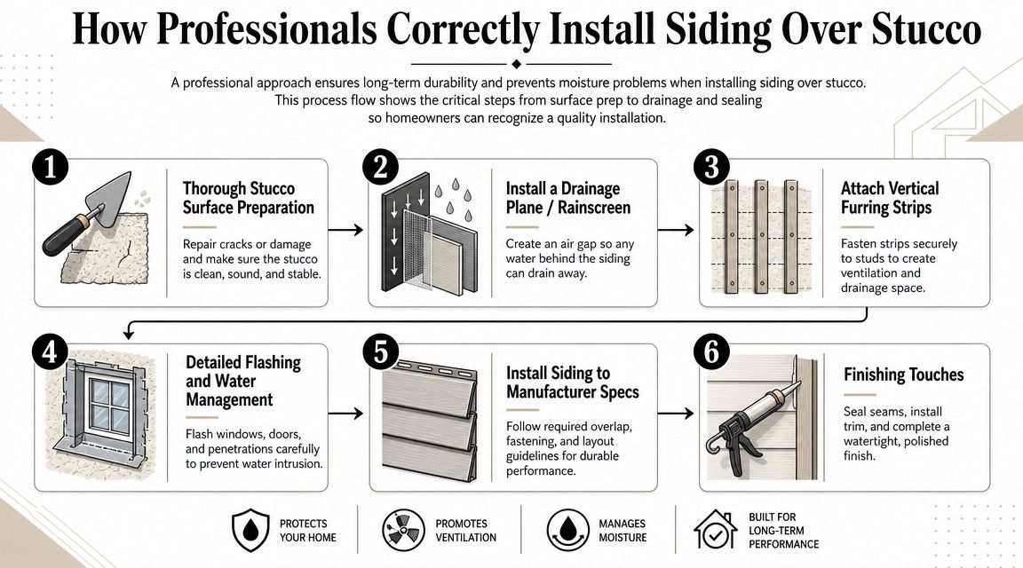 A professional guide showing the six critical steps for correctly installing siding over stucco surfaces for homeowners.