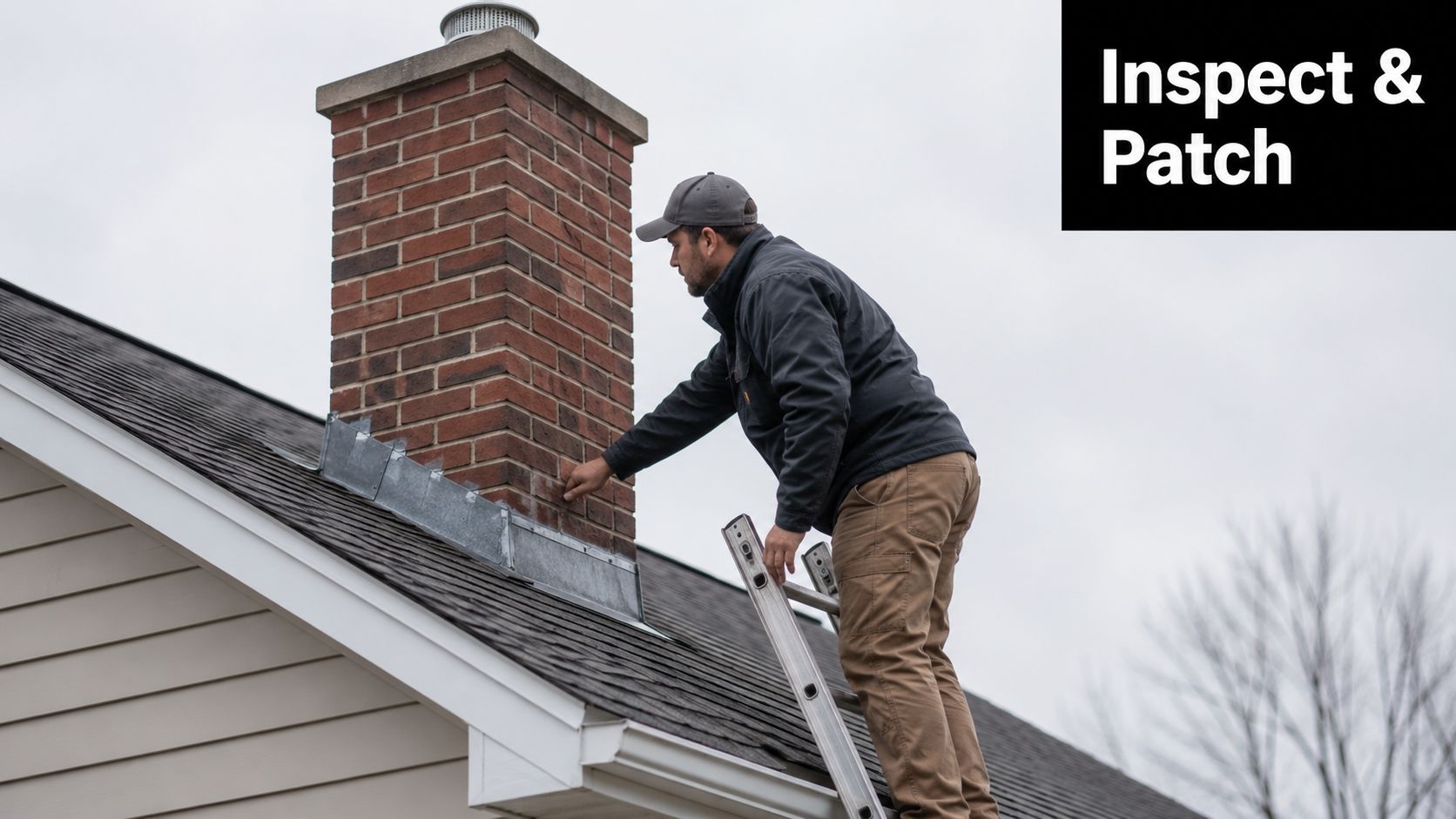 A professional repairman inspects chimney flashing on a residential roof to identify and patch potential leaks.