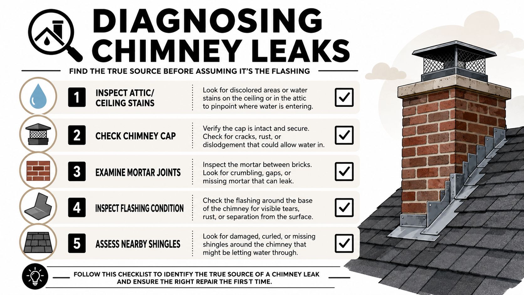 An infographic showing a five-step checklist for identifying the source of leaks in a residential chimney.
