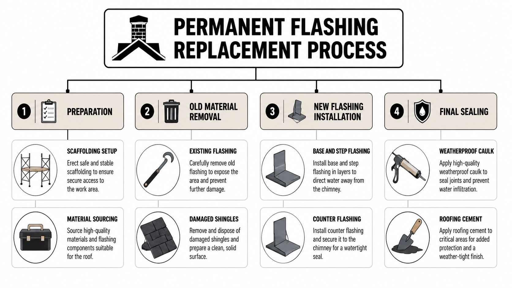 A diagram outlining the four steps for a permanent chimney flashing replacement process for home roof maintenance.