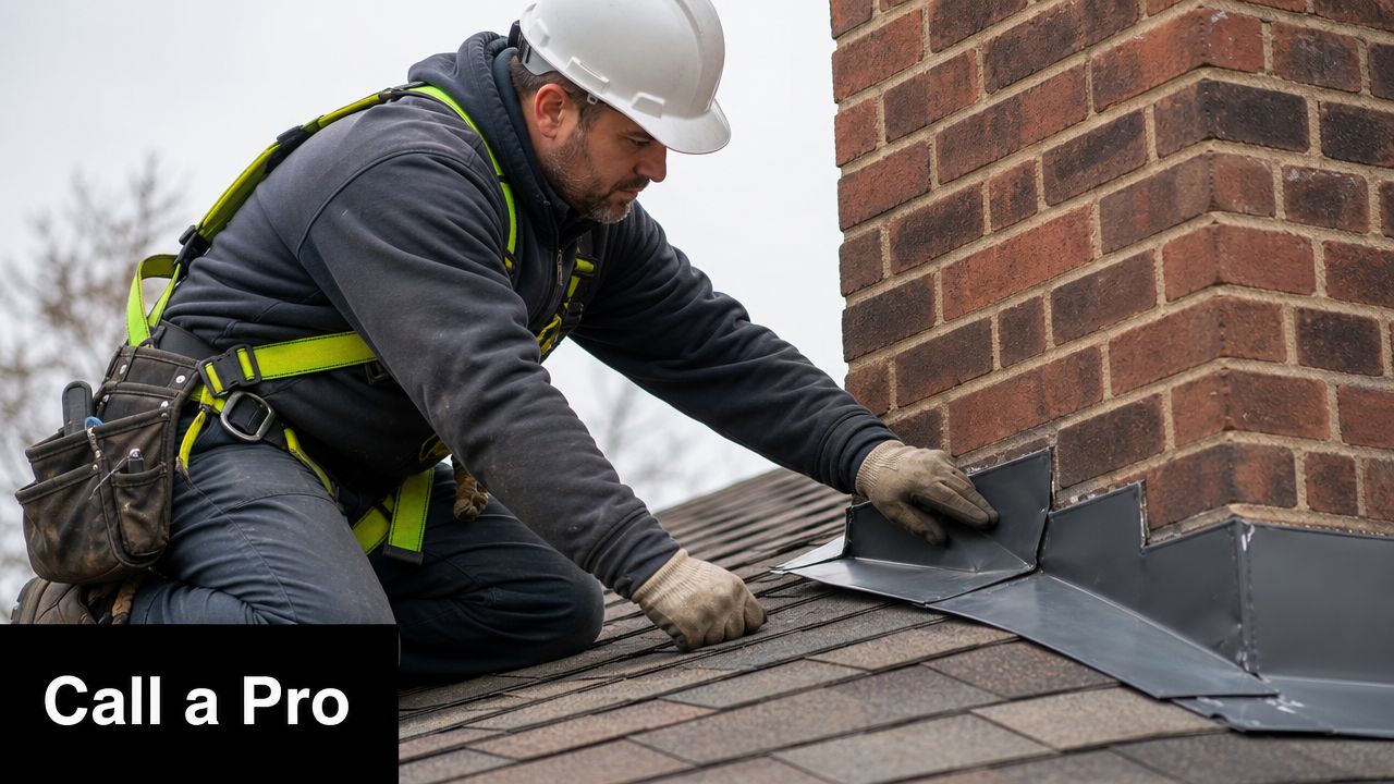 A professional roofer wearing safety gear works on installing metal flashing around a brick chimney on a roof.