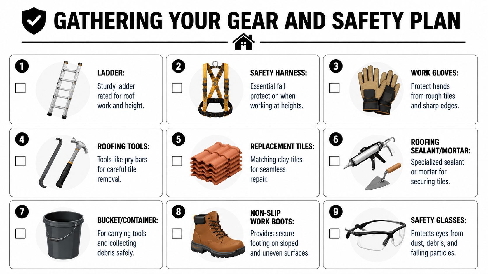 A checklist infographic illustrating essential tools and safety equipment required for clay tile roof repair projects.