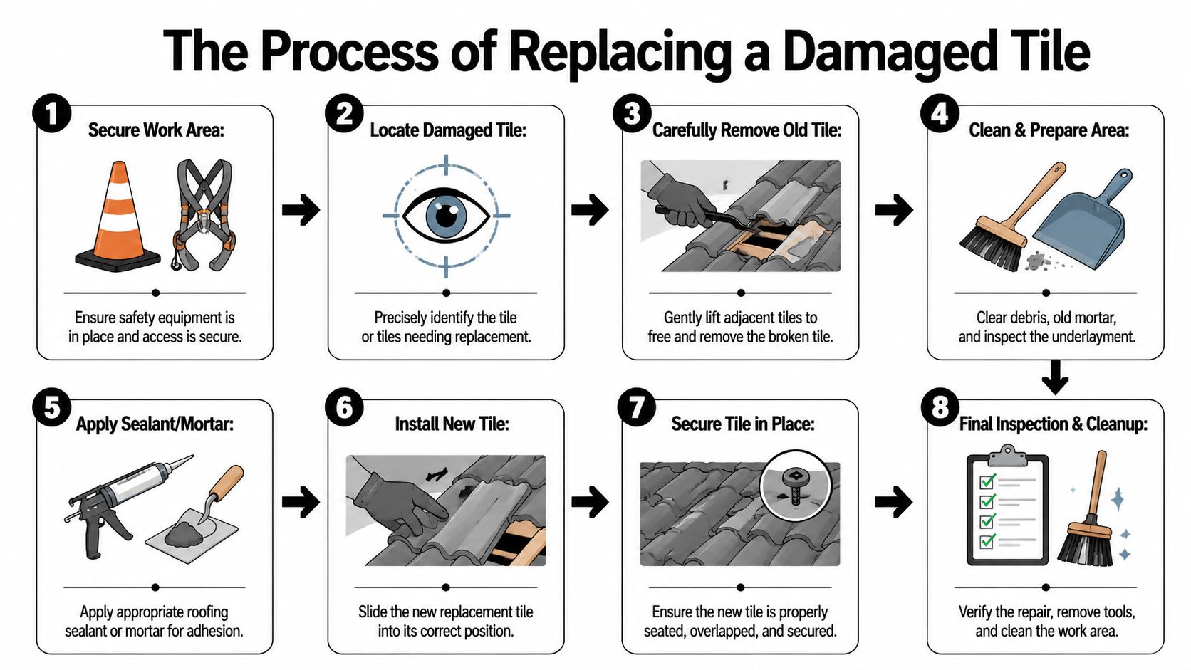 An infographic illustrating the step-by-step process of replacing a damaged roof tile safely and effectively.