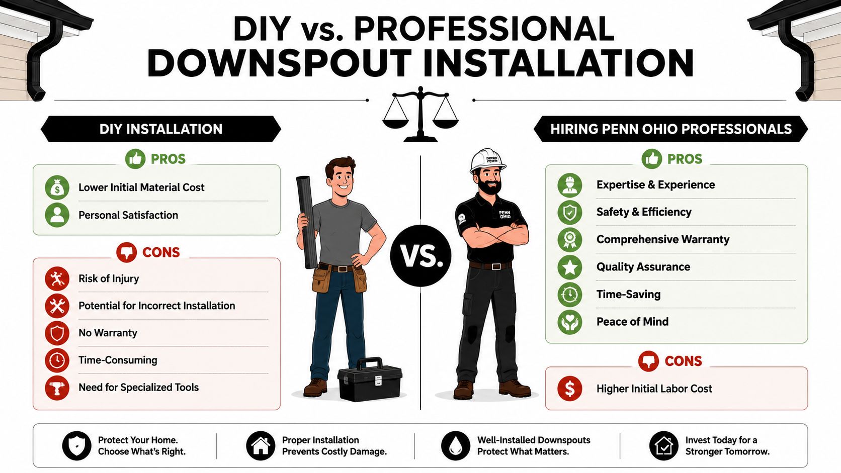 A comparison chart showing the pros and cons of DIY downspout installation versus hiring Penn Ohio professionals.