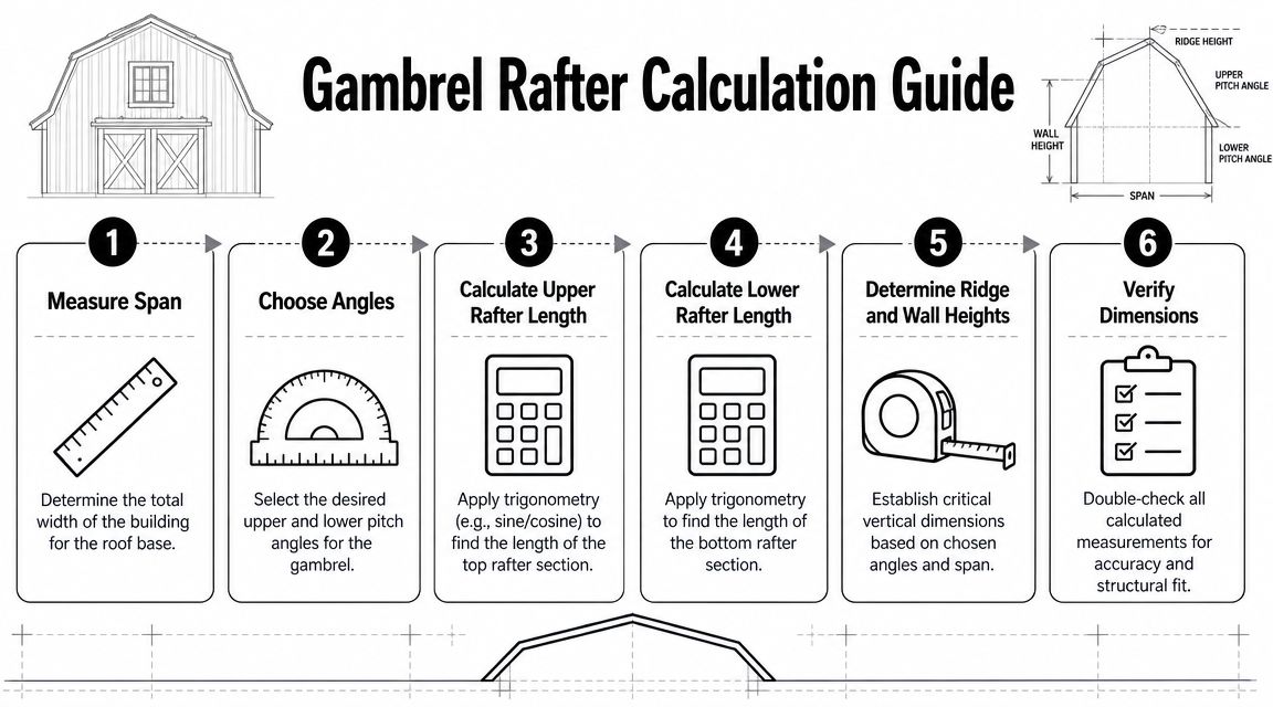 An infographic titled Gambrel Rafter Calculation Guide showing six numbered steps for designing barn roof rafters.