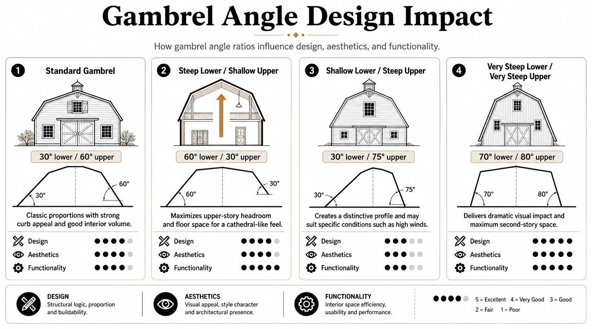 An educational diagram illustrating how different gambrel roof angle configurations impact building design, aesthetics, and interior functionality.
