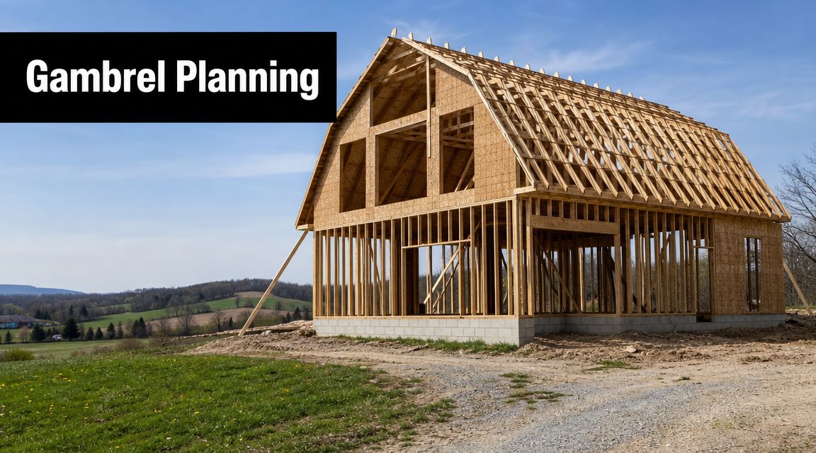 A wooden frame of a building with a gambrel roof under construction on a rural lot.