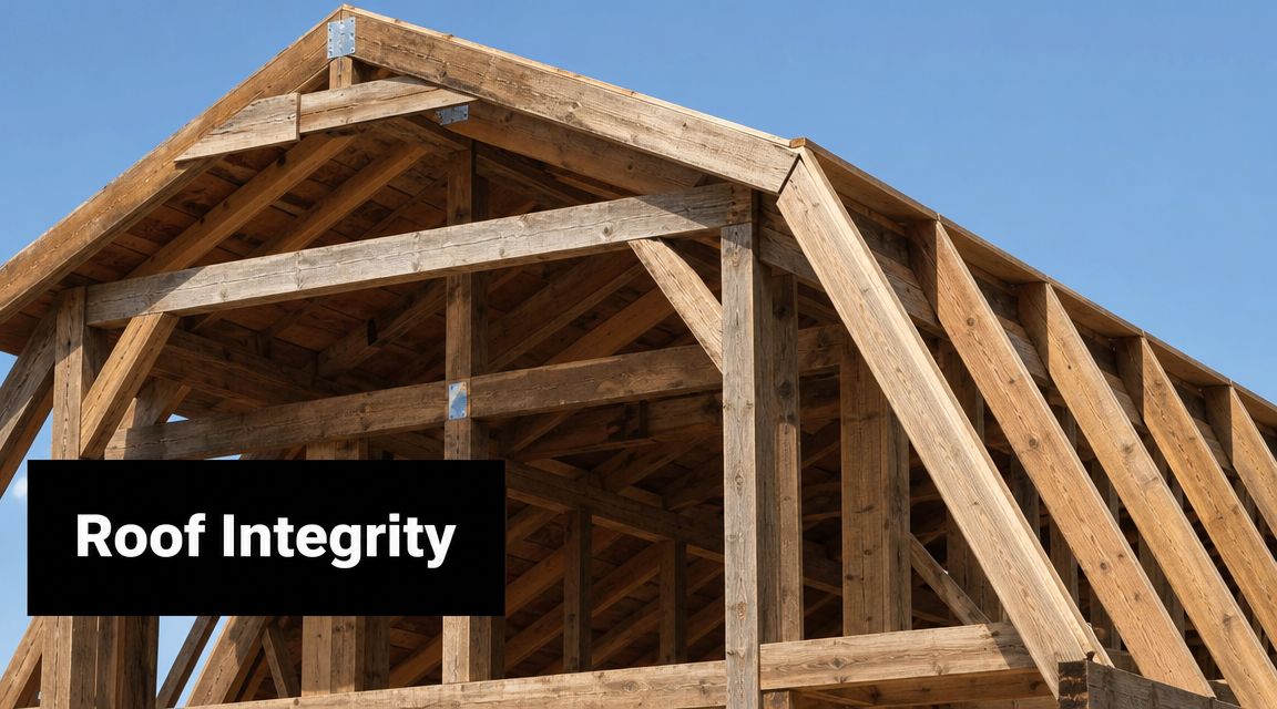 A close-up view of wooden gambrel roof framing showing structural support beams and construction techniques under blue skies.