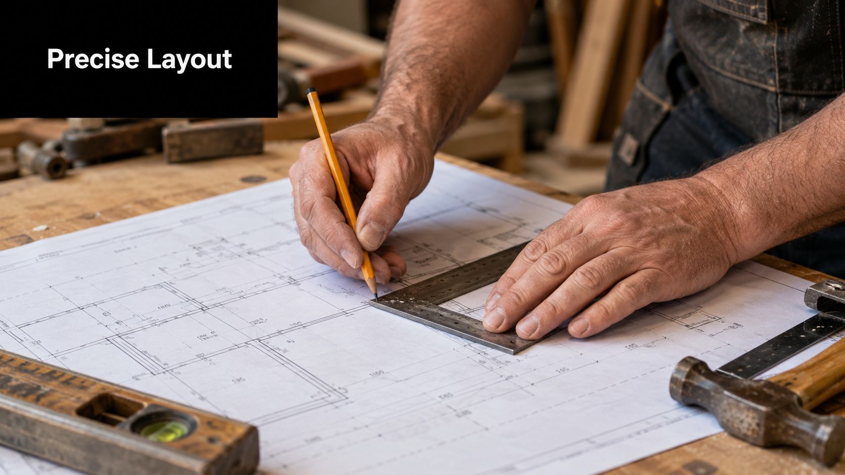 A woodworker uses a pencil and a metal square to mark precise measurements on a architectural blueprint.