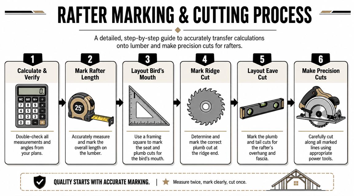 A six-step instructional infographic showing the process for accurately marking and cutting wooden roof rafters.