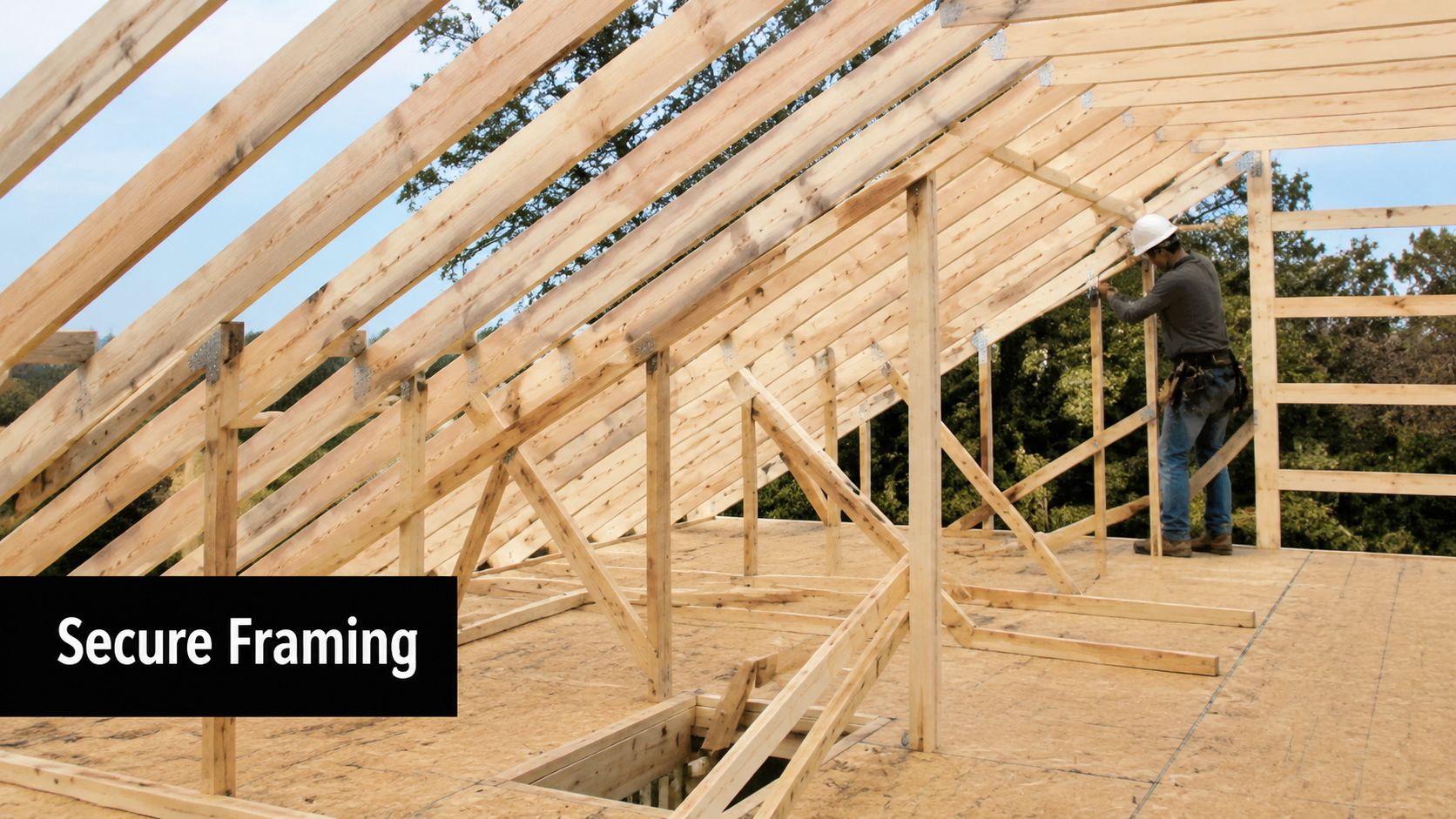 A construction worker installing wooden roof rafters on a building frame during a bright sunny day.