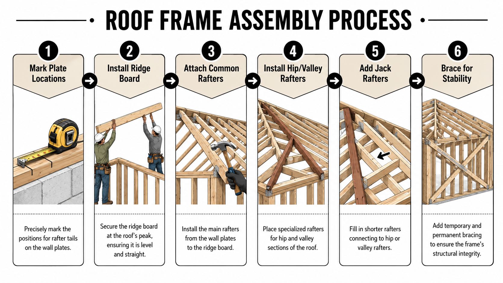 A six-step illustration detailing the roof frame assembly process for residential construction projects.
