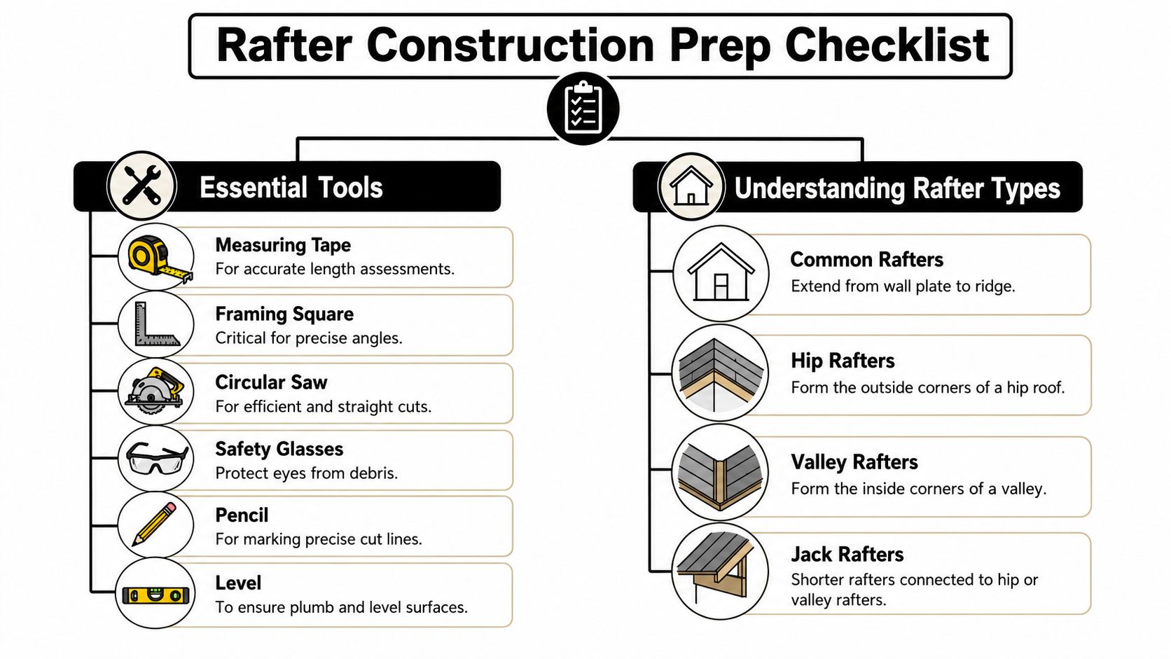 A checklist diagram outlining essential tools and various types of rafters for roof construction projects.