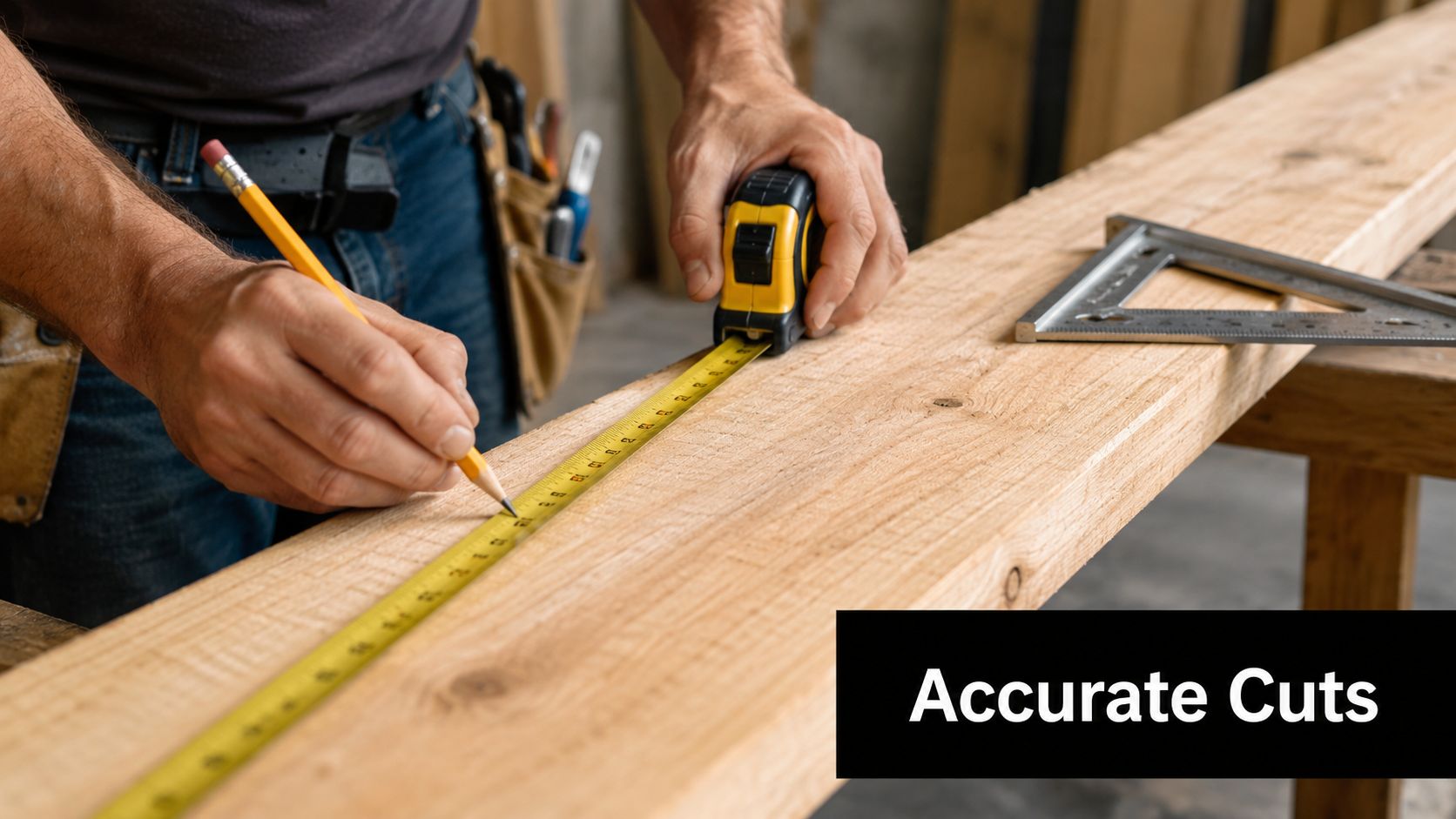 A close-up view of a carpenter marking a precise measurement on a wooden beam using a pencil.