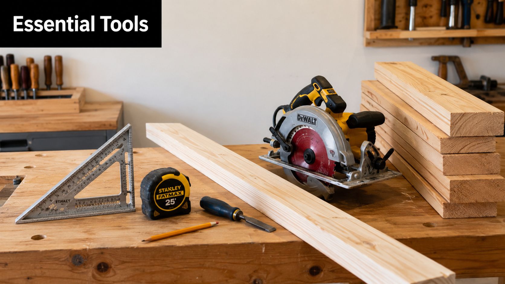 A workbench featuring essential woodworking tools including a circular saw, tape measure, square, chisel, pencil, and lumber.