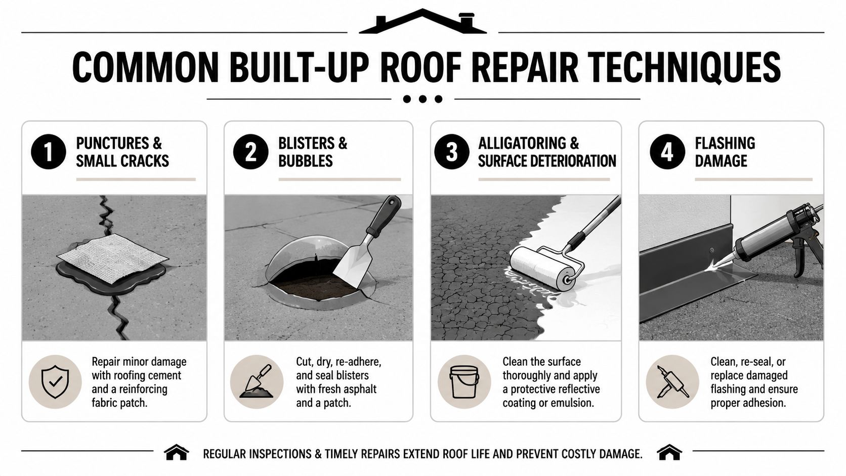 An infographic showing four common repair techniques for built-up roofs, including fixing cracks, blisters, deterioration, and flashing.