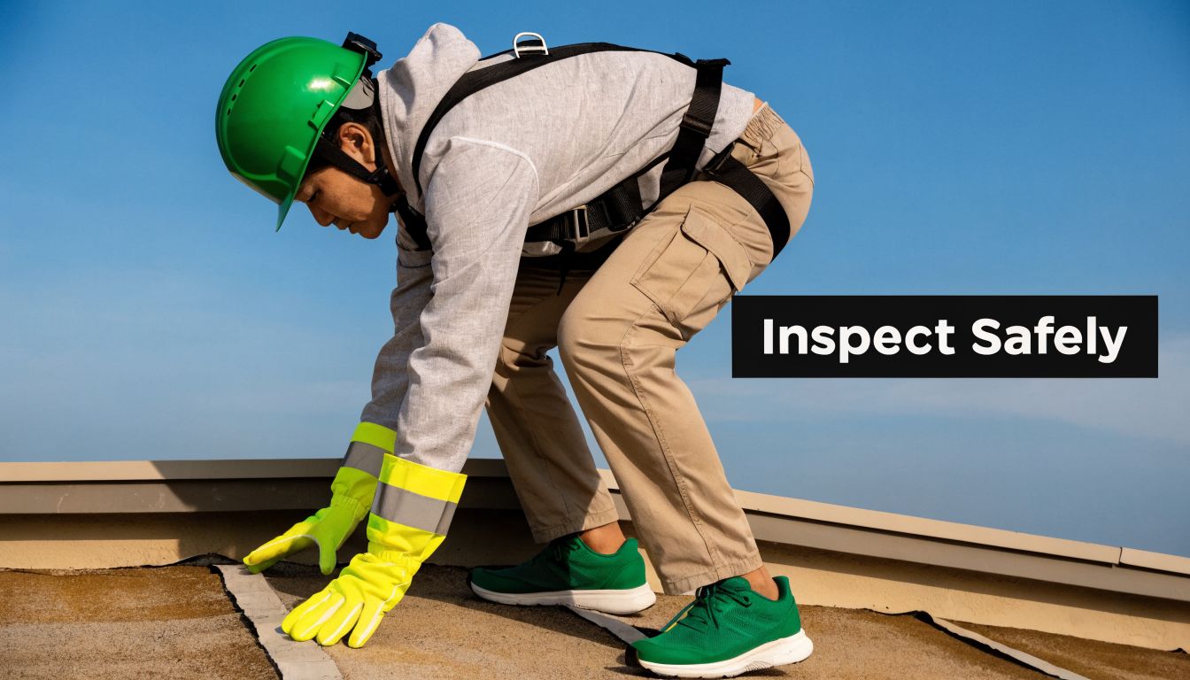 A construction worker wearing a green hard hat and safety harness inspects a commercial roof surface.