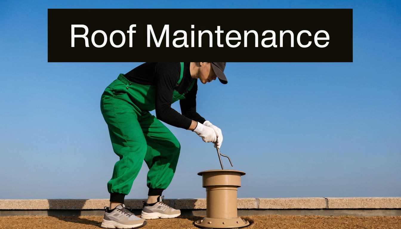 A maintenance worker in green overalls performing repairs on a flat roof vent against a clear sky.