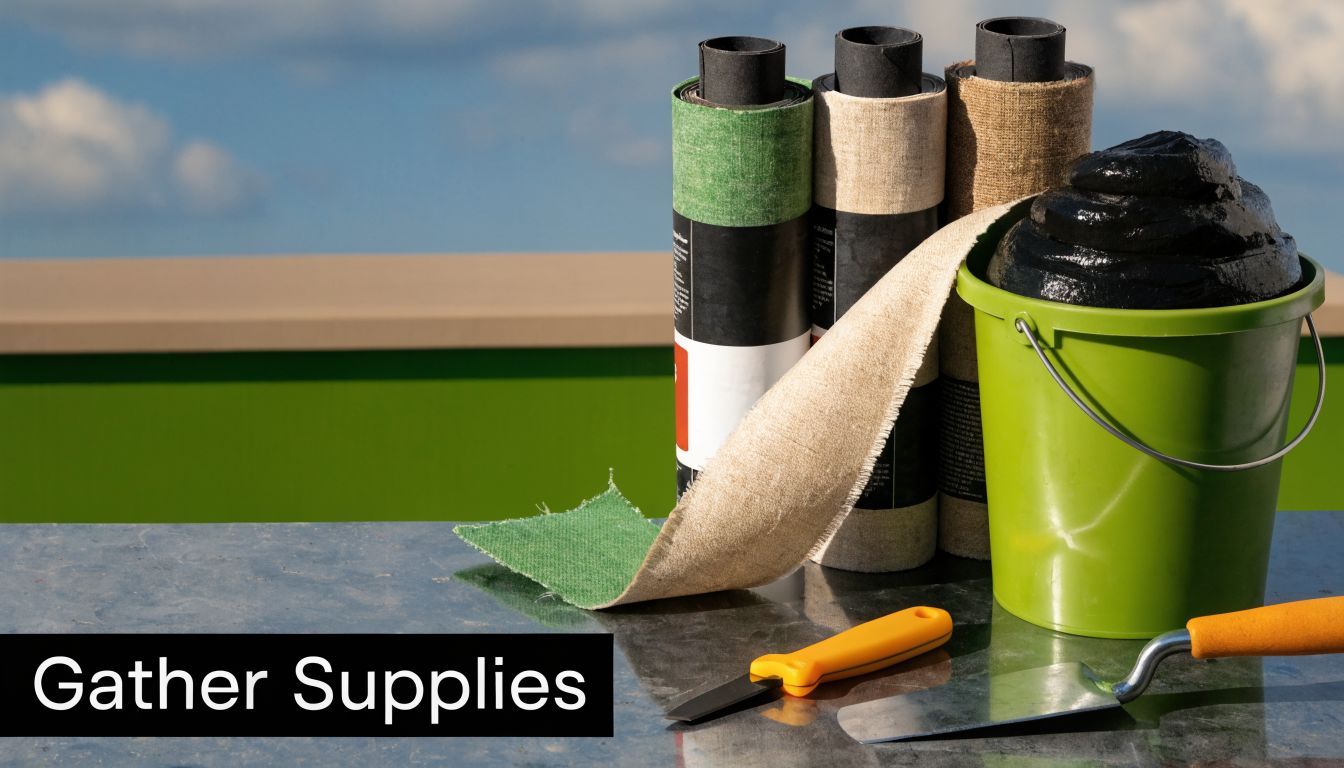 Construction supplies for repair built up roof including tar, roofing felt rolls, and a metal trowel.