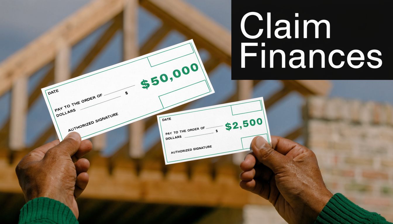 A person holding two checks representing different financial amounts against a background of wooden roof framing.