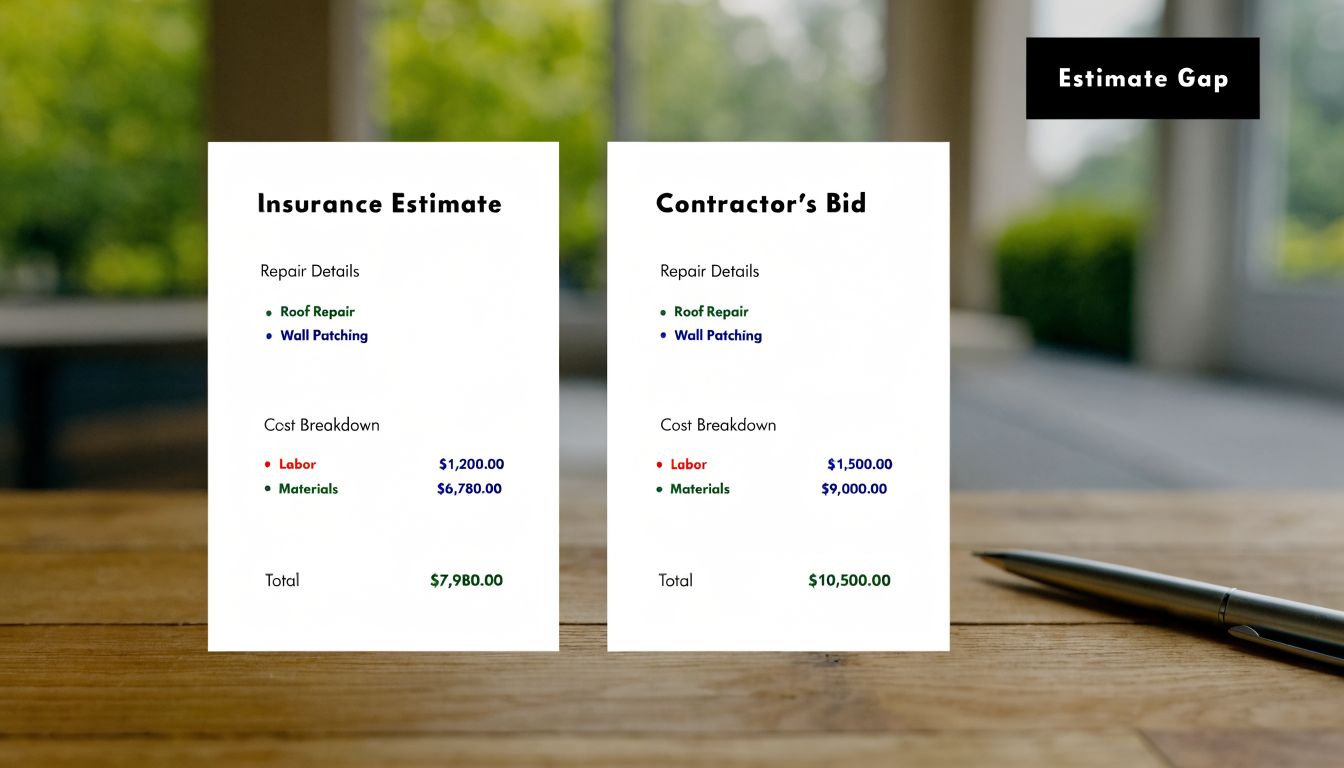 A comparison table showing the difference between an insurance estimate and a contractor's bid for repairs.