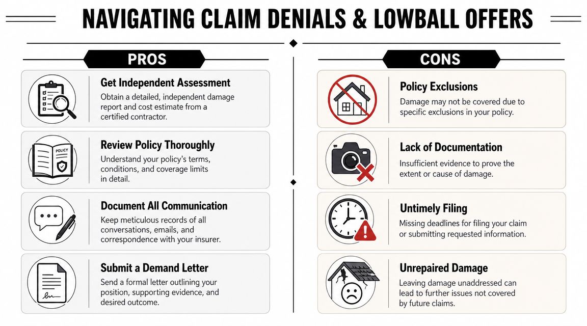 An infographic titled Navigating Claim Denials and Lowball Offers comparing pros and cons of insurance claims.