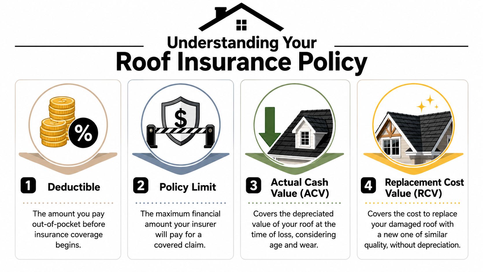 An infographic explaining four key terms in roof insurance: deductible, policy limit, actual cash value, and replacement cost value.