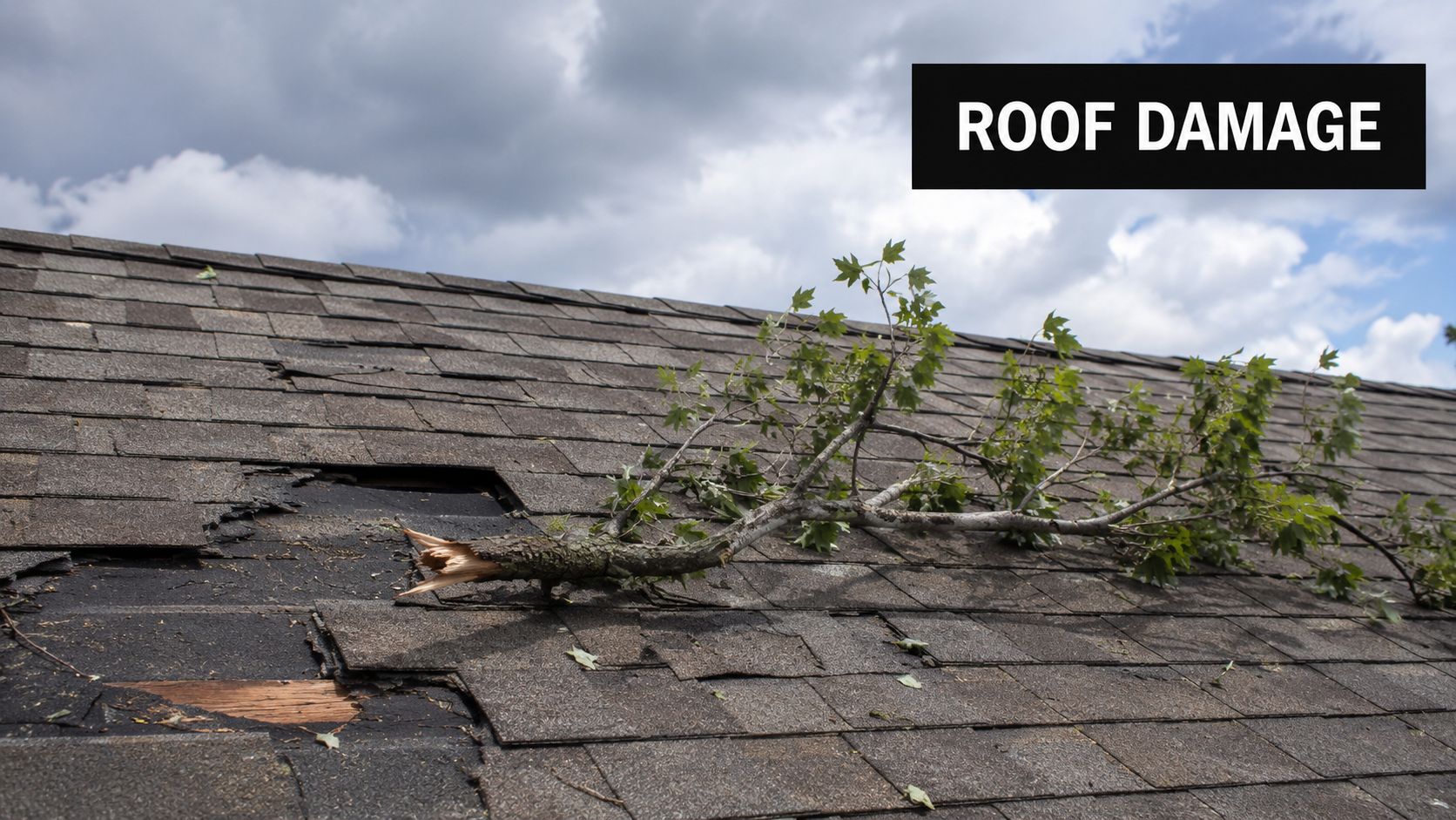 A fallen tree branch causing significant structural damage to the shingles of a residential rooftop.