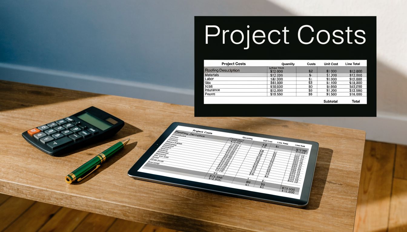 A digital tablet showing a project cost spreadsheet on a wooden desk next to a calculator.