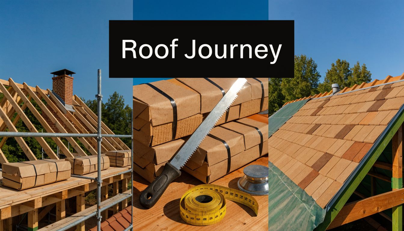 A three-panel image showing the construction phases of a roof, featuring wood framing, insulation, and tiling.
