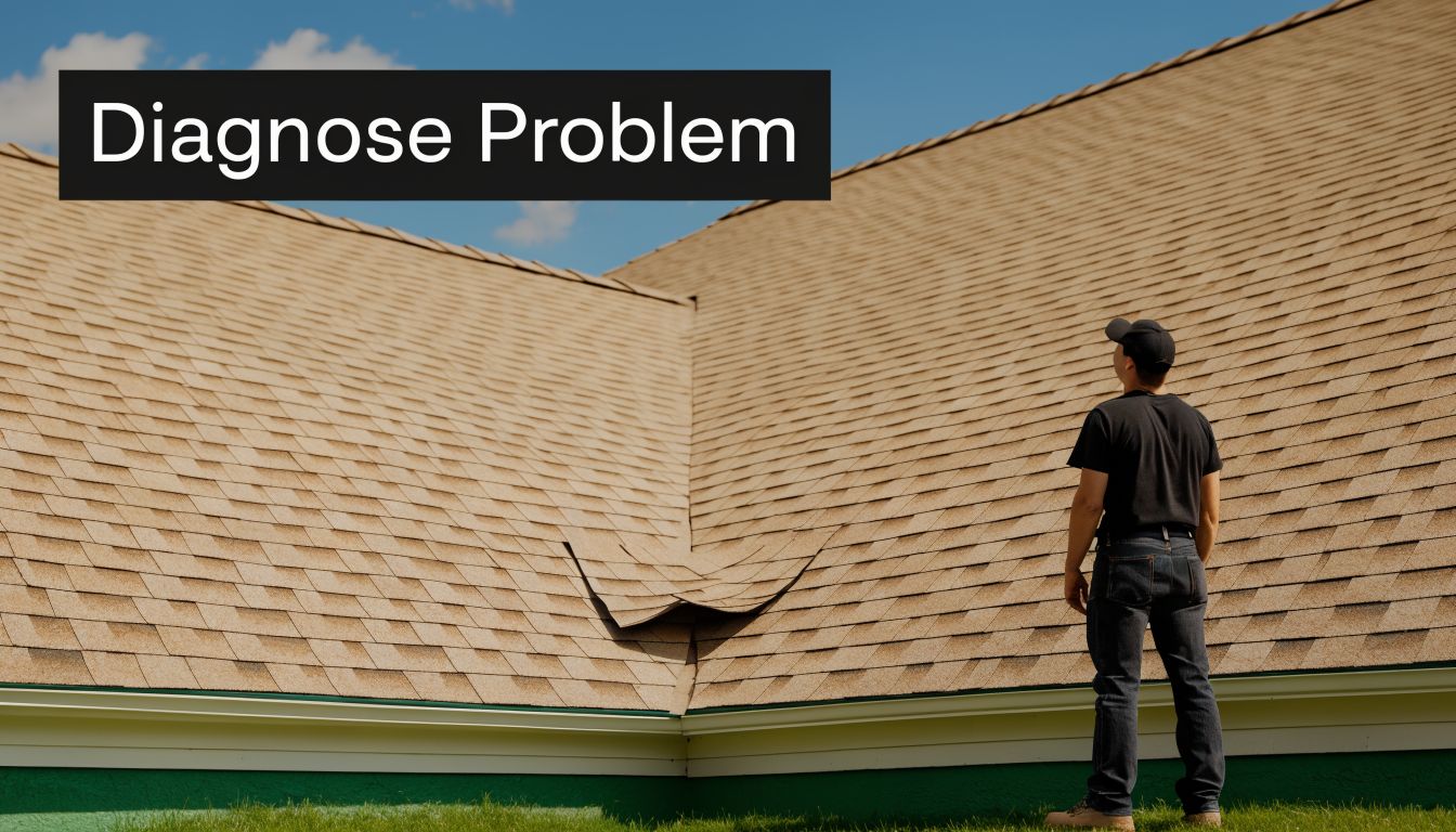 A professional roofing inspector stands on the lawn looking up at a damaged roof valley section.