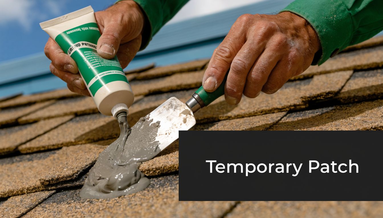 A close up view of a worker applying sealant to a shingle roof during a repair.