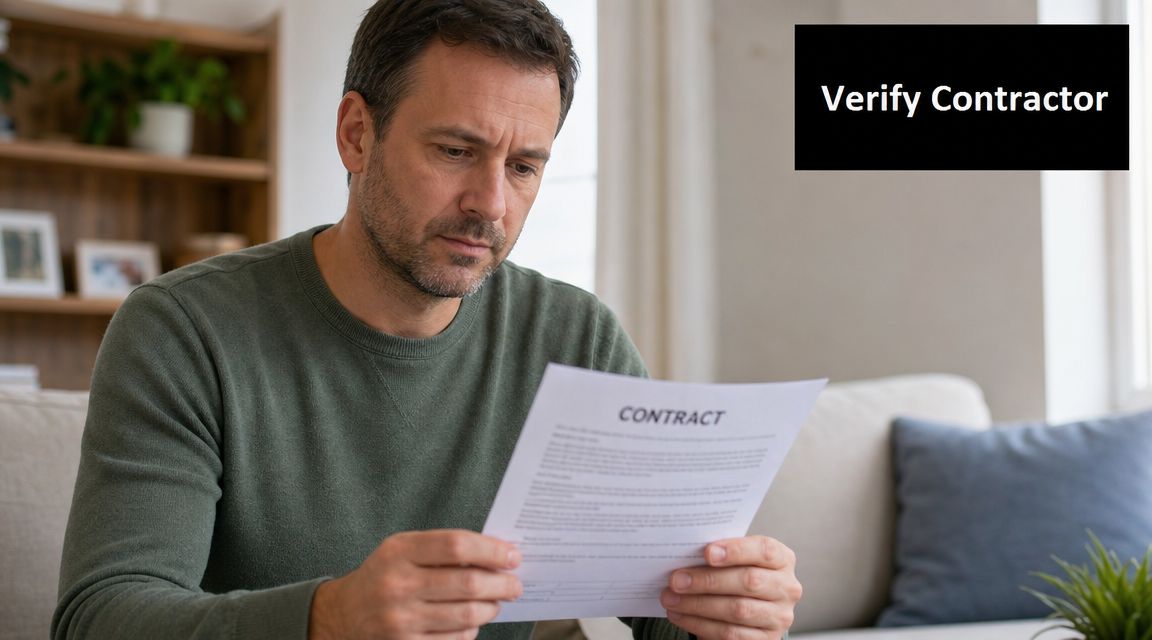 A concerned middle-aged man sitting on a sofa while carefully reviewing a paper contract document.