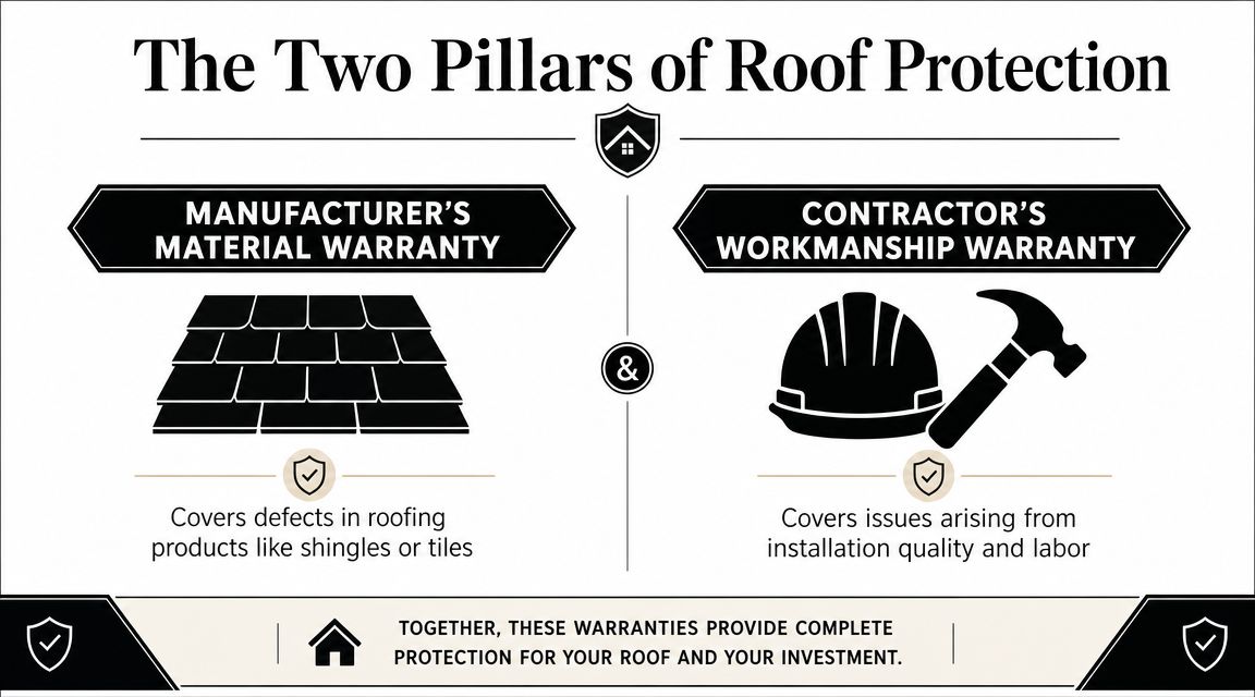 An infographic explaining the two pillars of roof protection: manufacturer's material warranty and contractor's workmanship warranty.