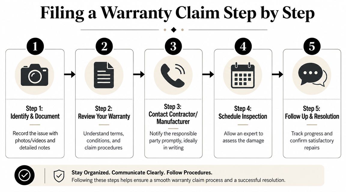 An infographic showing a five-step process for filing a warranty claim for home repairs or products.