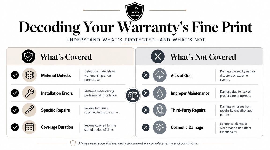 An infographic titled Decoding Your Warranty's Fine Print comparing items covered and not covered by warranties.
