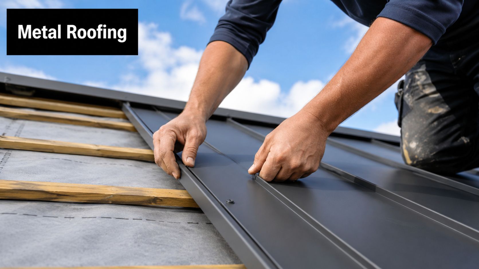 A professional construction worker installing gray metal roofing panels on a residential roof structure.
