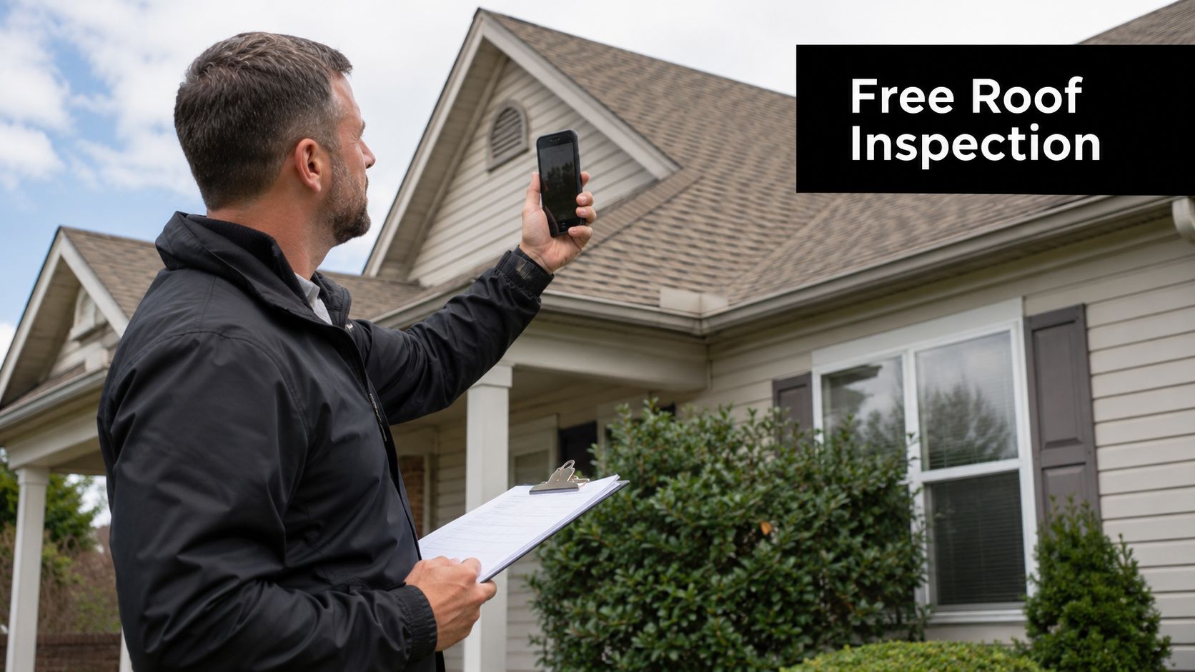 A professional roofing inspector uses a smartphone to assess a house roof for a free inspection.